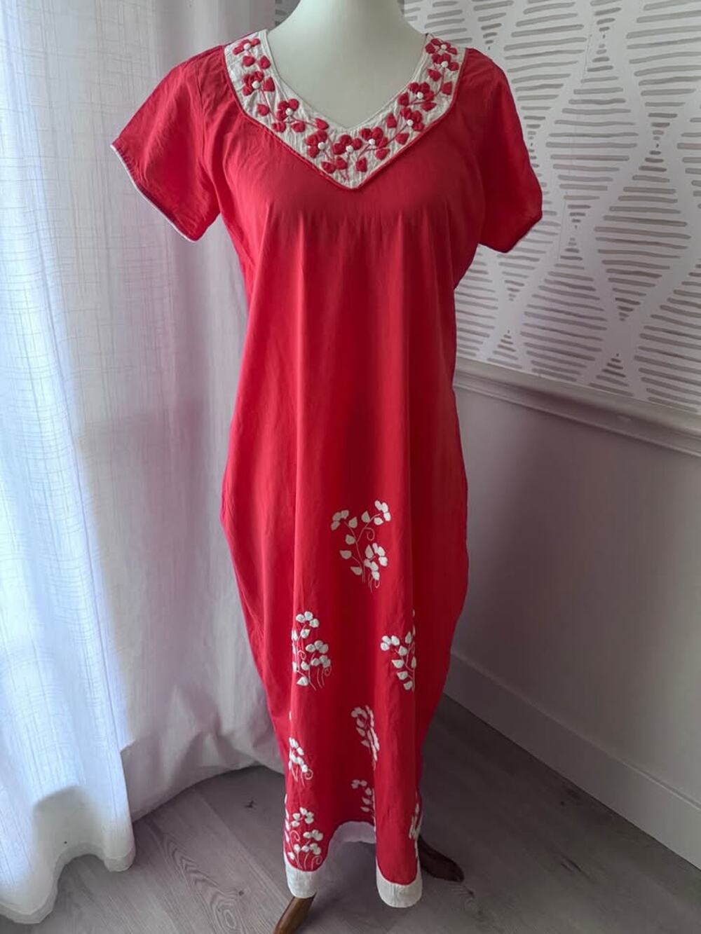 Vintage Small Red Kaftan Cotton Blend Puff Embroidery Handmade Maxi Day Dress